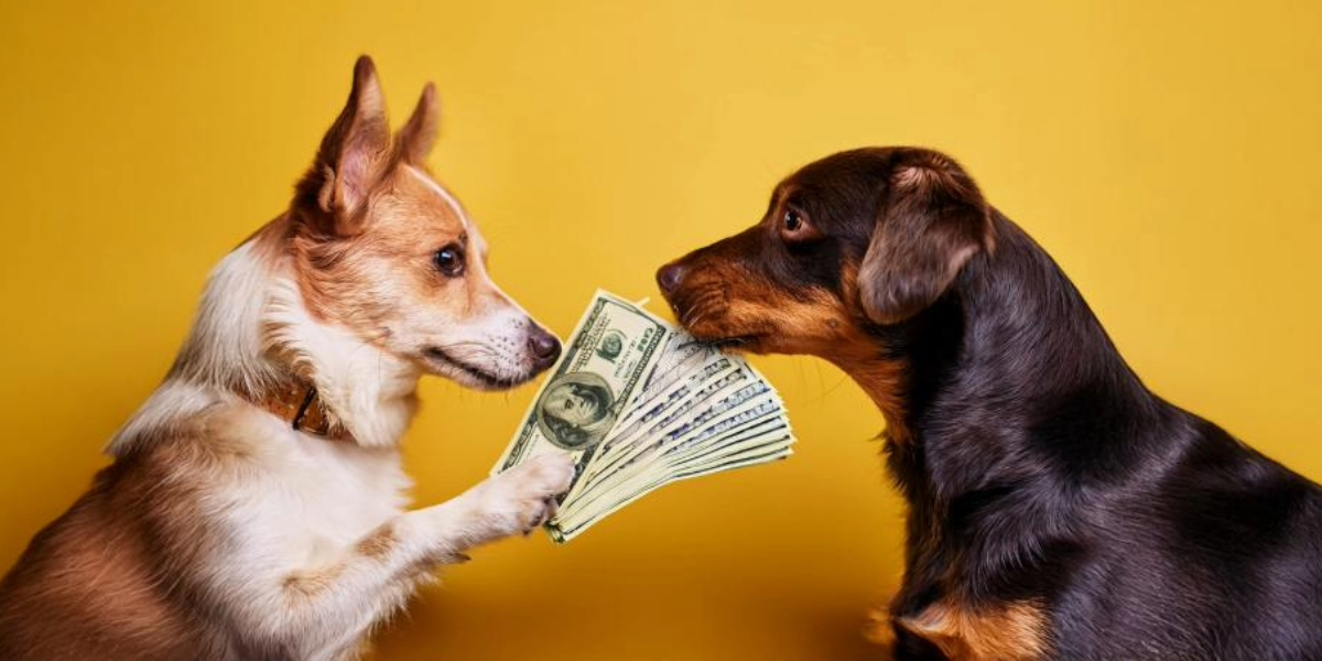 Two playful dogs facing each other in front of a yellow background—one dog is holding a fan of hundred-dollar bills, pawing it over to the other. A humorous take on affordable dog poop cleanup services in Kelowna.
